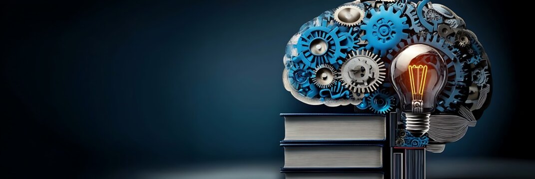 Brain composed of gears and technology with glowing lightbulb above stack of books.