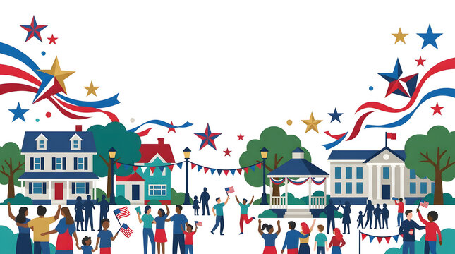 Colorful patriotic parade with crowd celebrating in small town street festival illustration