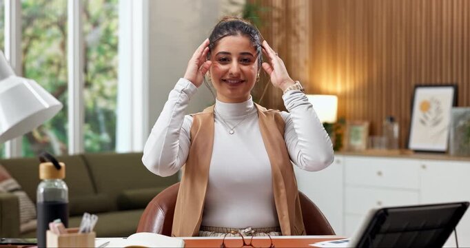 WFH, face or woman in home office with laugh, glasses or good mood as finance advisor. Portrait, eyewear or investment consultant with confidence, joke reaction or happy moment in remote work.