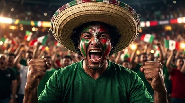 Excited Mexican football supporter cheers passionately in a vibrant stadium crowd.