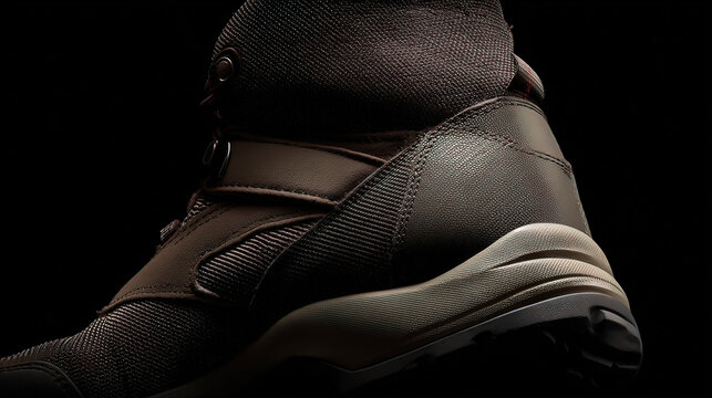 friction. Close-up of a hiking boot heel interior showing fabric wear patterns from sock friction. lifestyle magazines.
