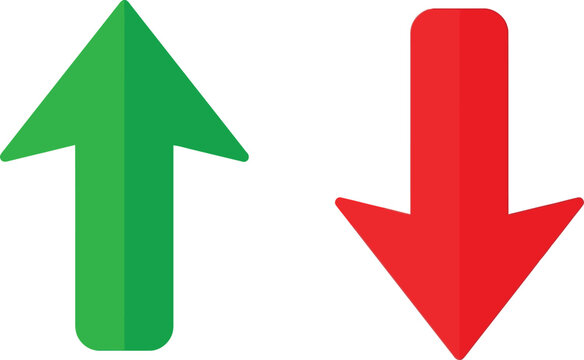 Green up arrow and red down arrow symbols for business growth and decline analysis