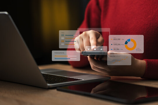Professional Social Media Marketing Analytics Concept with Dashboard on Smartphone showing Data Visualization of Followers Likes Shares and Engagement Metrics for Digital Business Growth