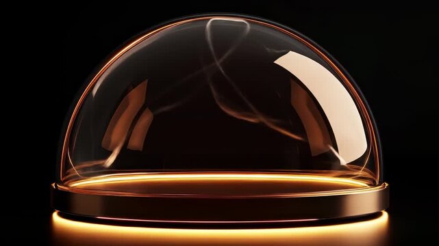 Lit glass dome on metallic base, reflective light curves inside on black