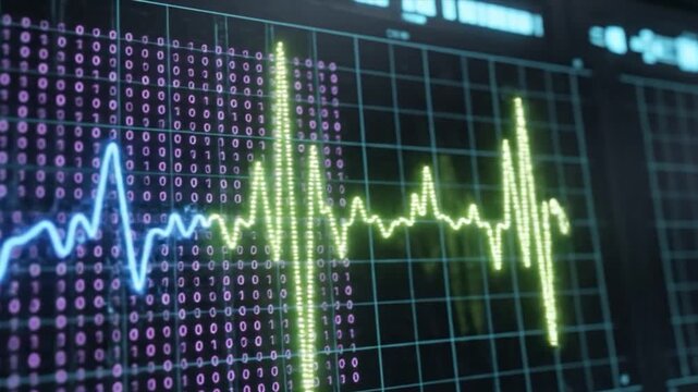 Digital display with blue waveform and pink binary grid on dark screen background