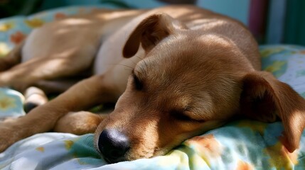 Obraz premium A cute puppy is peacefully sleeping on a soft cushion while basking in warm sunlight