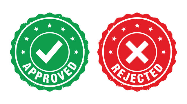 Bright green approved and red rejected rubber stamp vector graphic design set on white background