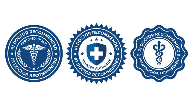 Three blue vector graphic medical badge illustrations featuring caduceus symbols and doctor recommended quality text