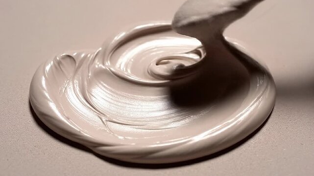 Motion of creamy white cosmetic texture smears concept. Close up of creamy beige makeup foundation being swirled on smooth surface with applicator brush