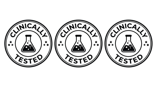 Black and white vector graphic illustration showing three circular clinically tested stamps with science beakers