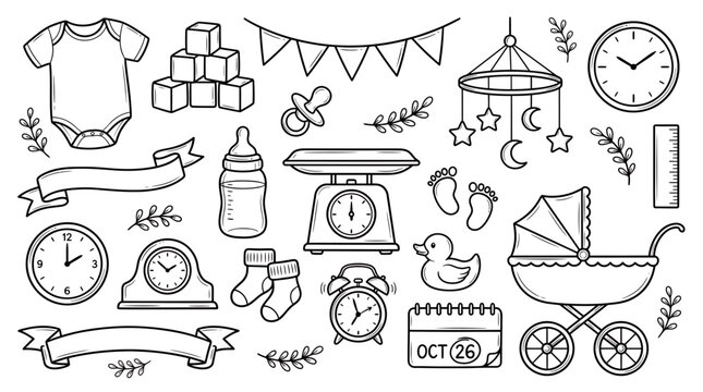 Hand-drawn doodle set of various baby and newborn items including clothes, toys, feeding and care essentials, Symbolizing new beginnings and illustrating essential infant care