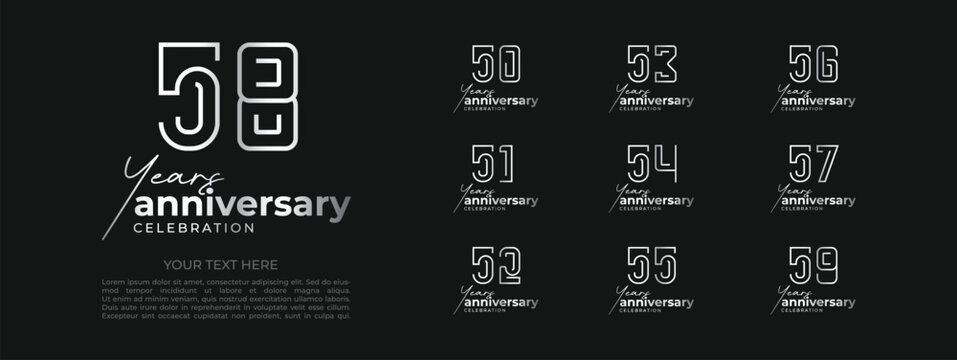 Modern Line Art 50th to 59th Anniversary Emblem Set. Luxury Vector Typography Templates for Marriage, Birthdays, and Corporate Jubilees.