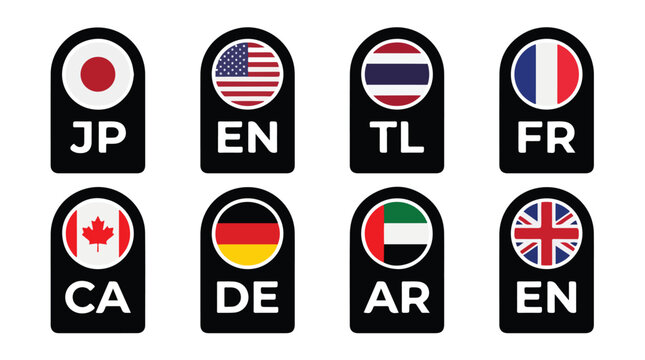 Set of eight colorful international language selection buttons featuring various circular national flag vector icons