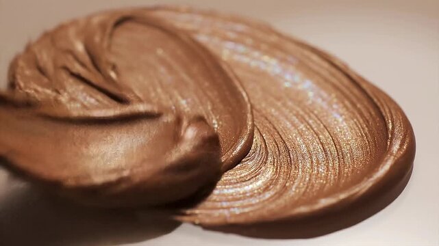 Motion of creamy white cosmetic texture smears concept. Shimmering bronze metallic cream texture with glitter for makeup and cosmetic beauty products