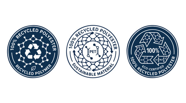 Three circular vector illustration icons representing sustainable one hundred percent recycled polyester fabric material textile branding