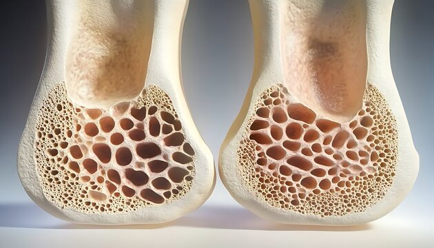 Healthy bone versus osteoporosis bone cross section comparison showing porous bone structure.