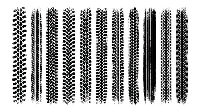 A set of textured black tire tracks with diverse tread patterns displayed vertically on a white background, representing vehicular motion and providing rugged graphic design elements
