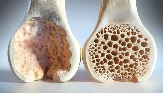 Healthy bone versus osteoporosis bone cross section comparison showing porous bone structure.