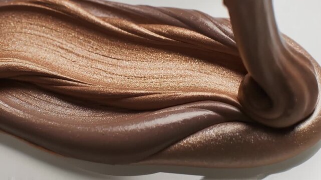 Motion of creamy white cosmetic texture smears concept. Close up of rich smooth chocolate spread on shiny golden surface with creamy texture
