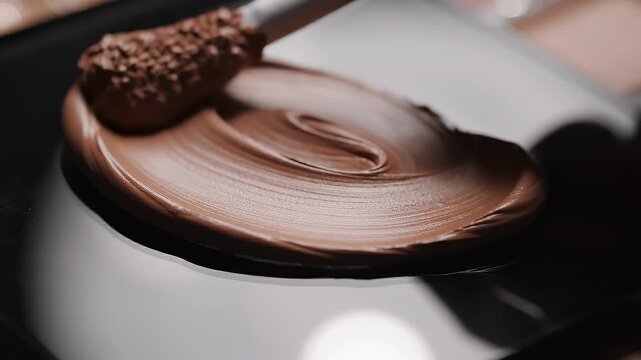 Motion of creamy white cosmetic texture smears concept. Close up of rich creamy chocolate spread on a shiny surface with a wooden spatula for dessert preparation