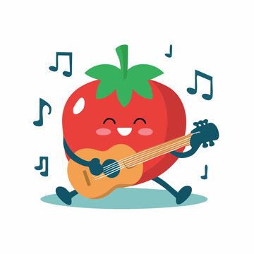 Cute Tomato Character Playing Guitar with Musical Notes