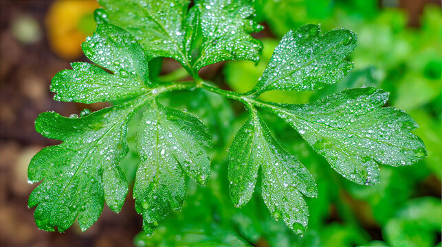 lovage. Fresh green lovage leaves glistening with morning dew. gardening catalogs, home-decor guides, designed for home decor and floral branding, used by recruiters.
