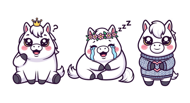 Cute Illustrated Alpaca Characters With Different Expressions and Outfits.