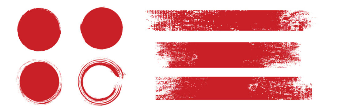 Straight red ink vector lines pack. Bloody color long and round hand-drawn brushstroke text highlights  frames  circles. Asian calligraphy brushstroke set.