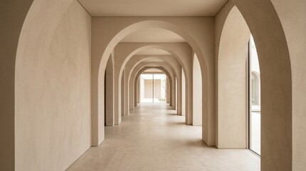 Fototapeta premium Minimalist modern architectural hallway with symmetrical beige arches and soft lighting perspective