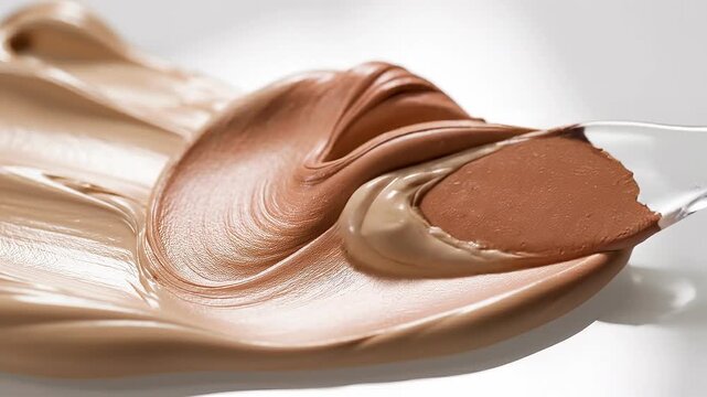 Close up of creamy beige and brown makeup foundation with applicator brush on white surface