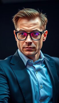 Professional attire, bespectacled executive gazes into lens, desk, directed