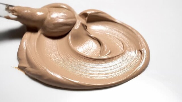 Close up of creamy beige liquid foundation makeup on white surface with applicator brush