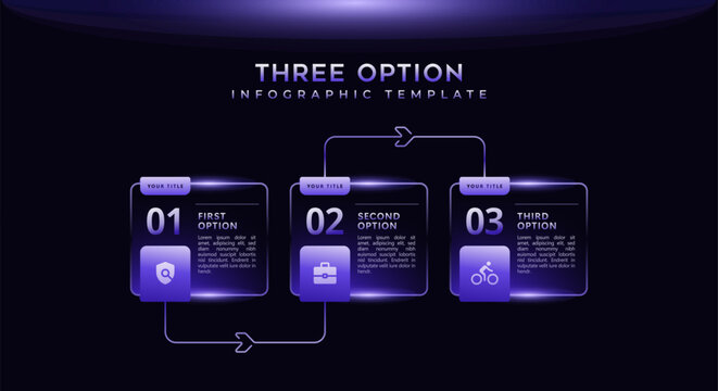 3 step infographic template with a glowing purple gradient design for workflow visualization, process mapping, flowcharts, business presentations, data analysis, project planning, strategic reporting.