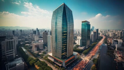 Fototapeta premium Modern Cityscape with Tall Glass Skyscrapers and Busy Streets.