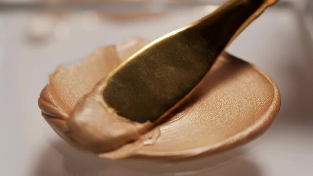 Close up of smooth peanut butter spread on a spoon with creamy texture