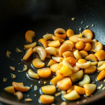 Ginger slices and garlic cloves sizzling in a wok, wok, sizzle
