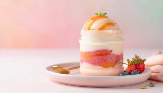 Gelato in glass jar layered with fruit puree. suitable for food blogs, restaurant menus, and social media posts.