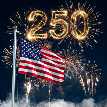 American flag waves majestically with celebratory fireworks and sparkling golden numbers 250 lighting up dark night sky, symbolizing national holiday, patriotism and freedom.