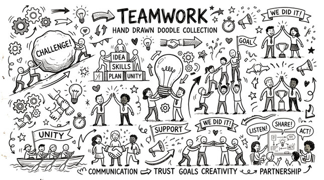 Teamwork hand drawn doodle collection with people and motivational words isolated on transparent background