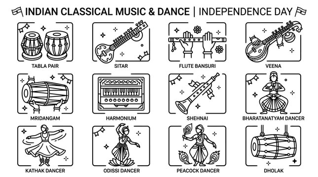 Set of Indian Classical Music Instruments and Traditional Dance Icons.