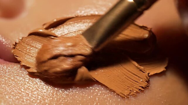 Close up of makeup foundation being applied on skin with brush for flawless beauty look