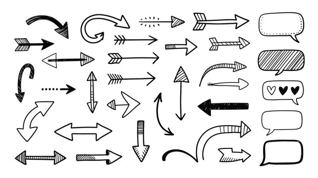 Black and white illustration of various arrow icons and speech bubbles on a plain white background with 7.eps reference