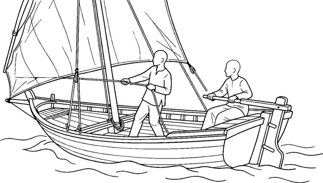 Two men sailing a small wooden boat on water.