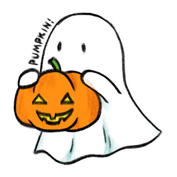 Cute ghost holding pumpkin for halloween