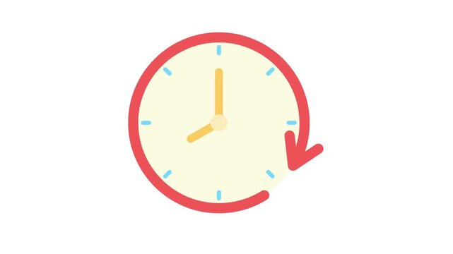 A simple clock with red border and hands pointing to 8 o'clock with a circular arrow indicating the passage of time