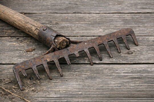 Rusty garden tool on wooden floor