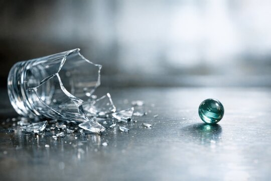 A single broken glass bottle sitting on a table, perhaps waiting for disposal or repair