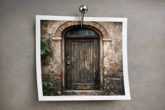 A wooden door hangs on a wall with a simple frame, no handle or lock in sight