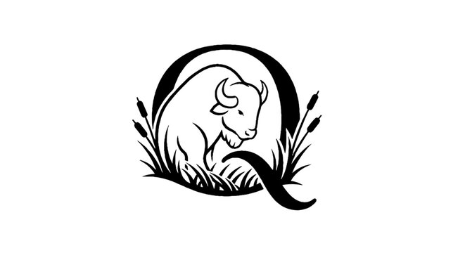 Black and white buffalo logo with leafy design.