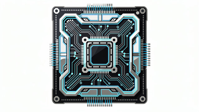 High tech computer processor with circuit board details in blue and black colors